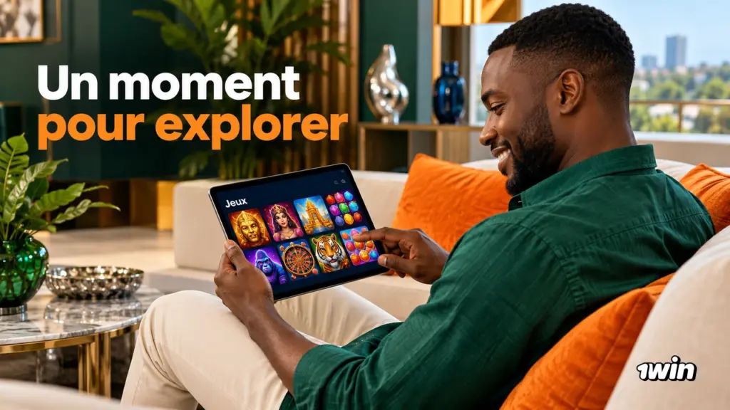 Homme consultant une tablette avec une grille illustrative de jeux.